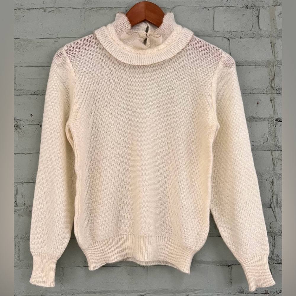 Vintage Cream Ruffle Neck Sweater with Gold Trim Accent